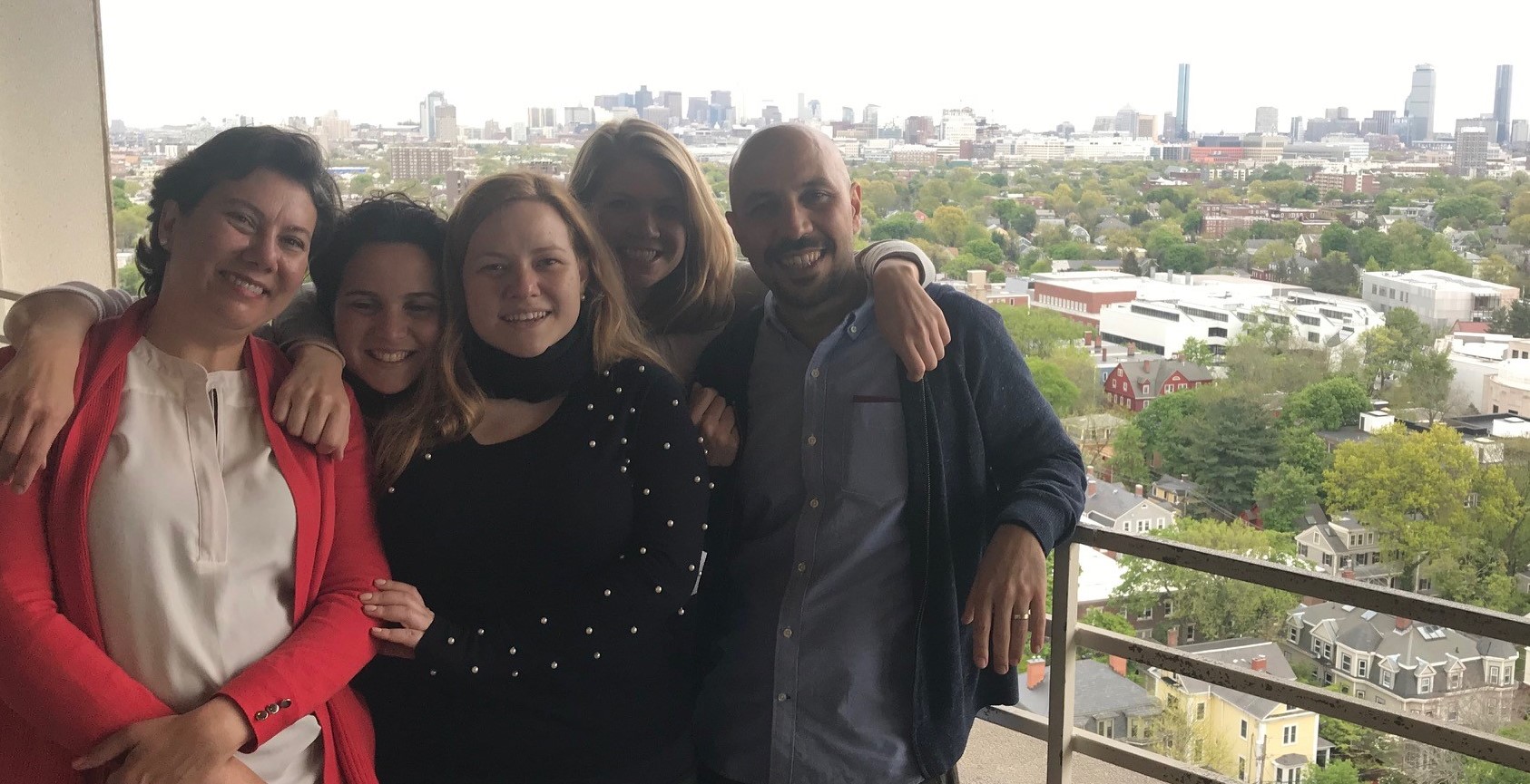 Gökce Yurdakul, Talia Shiff, Merih Angin, Kate Williams and Çetin Çelik on the terrace of William James Hall, June 2019