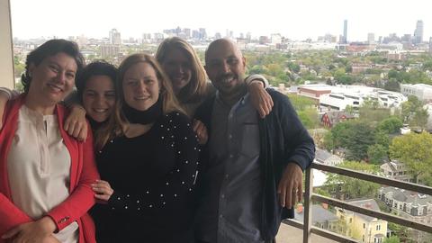 Gökce Yurdakul, Talia Shiff, Merih Angin, Kate Williams and Çetin Çelik on the terrace of William James Hall, June 2019