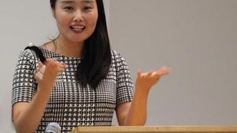 Yeonju Lee presenting at Weatherhead Forum, 2018